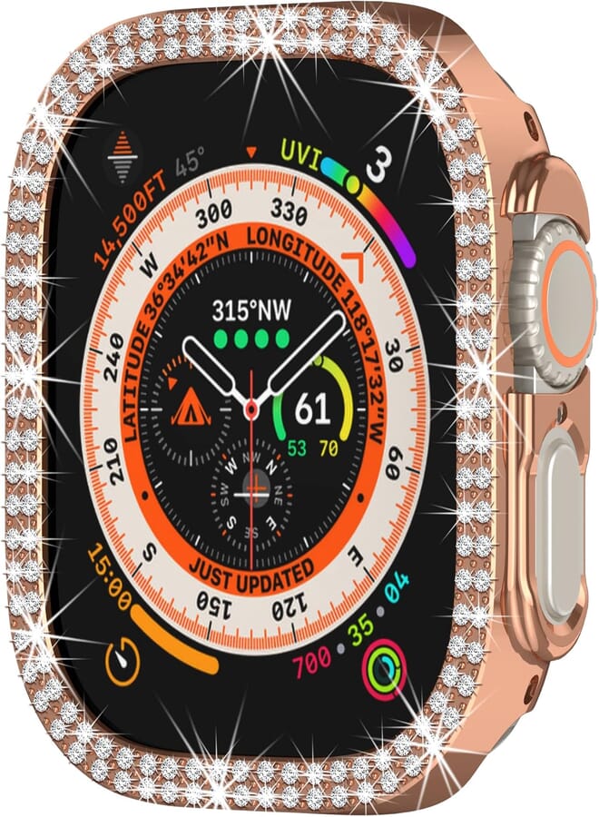 Yrzper Compatible with Apple Watch Ultra 2 /Apple Watch Ultra 49mm Double Row Bling Diamond Case PC Bumper Protective Cases Women men Crystal Shining Rhinestone Cases Smartwatch Accessories Case(Rose gold)