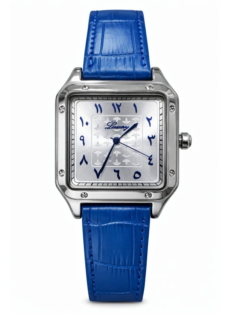 لوكشري ساعة يد رجالية جلد - شكل كارتير أرقام عربية ضد الماء وبجوة عالية سوار أزرق مع ميناء فضي - Image 1