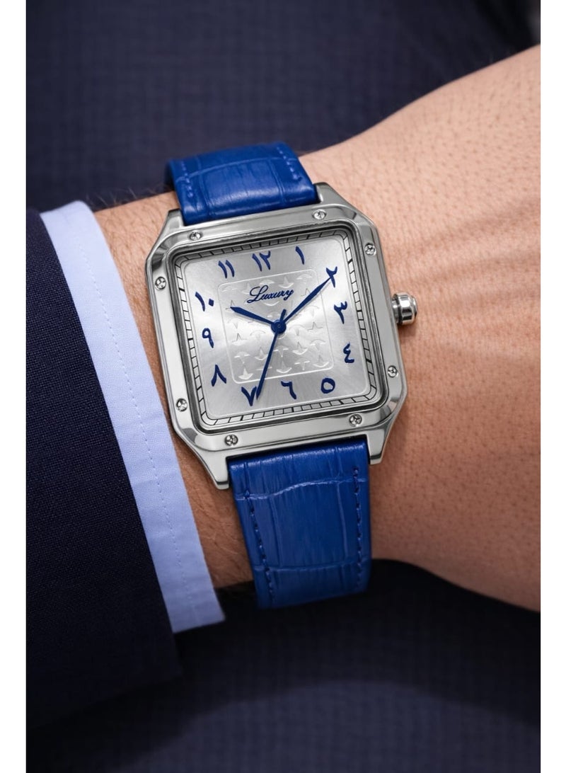 لوكشري ساعة يد رجالية جلد - شكل كارتير أرقام عربية ضد الماء وبجوة عالية سوار أزرق مع ميناء فضي - Image 2