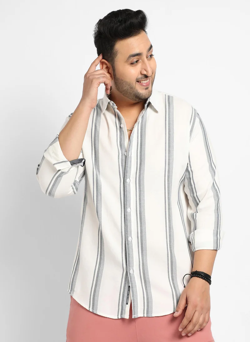 Instafab Plus Men's White & Dark Grey Barcode Striped Shirt