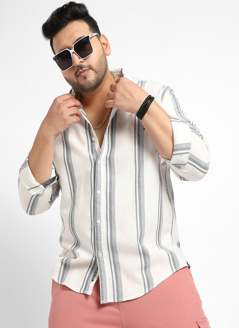 Instafab Plus Men's White & Dark Grey Barcode Striped Shirt - Image 1