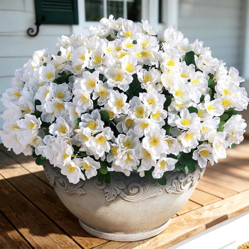 Juxdp 8 Bundles Artificial Camellia for Front Door Outside Faux UV Resistant Real Looking Camellia Flowers Fake Silk Bouquets Plants for Garden Window Farmhouse Home Spring Summer Decor White - Image 3