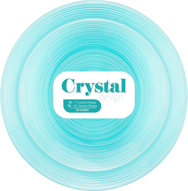 PLASTICPRO 64 Pieces Crystal Design Plastic Plates Combo Pack 7 inch and 10 inch Gold Rim Elegant Disposable Plates, Transparent Aqua Blue - Image 1