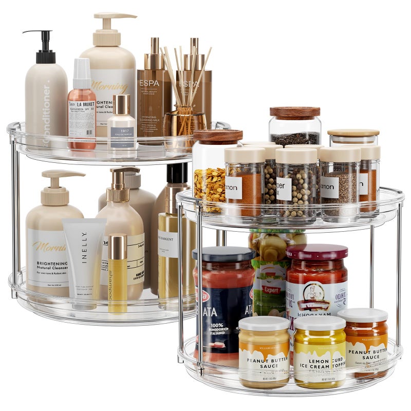 LAMU 2 Pack 2 Tier Lazy Susan Turntable Organizer 9.25'' Rotating Spice Rack Organization for Cabinet, Kitchen, Pantry, Countertop, Bathroom, Vanity, Medicine Cabinet Organizer, Clear - Image 1