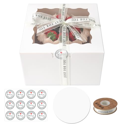 CHENZEM 28 Sets 8x8x5 Cake Box, White Cake Box with Window 8" White Cake Boxes Round Boards, 8inch Cake Containers with Lids for Easter and Mother's Day Cheesecake, Cakes.(8 * 8 * 5inch/28pcs) - Image 1