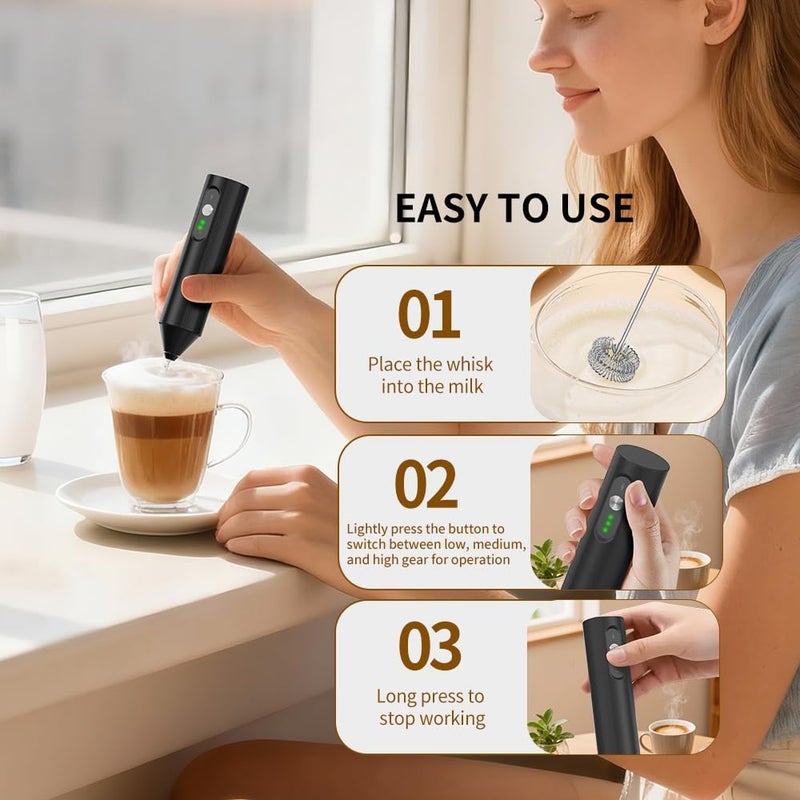 Kueh Rechargeable Milk Frother Handheld Coffee Frother Wand Drink Mixer with Stainless Steel Whisk for Coffee Cappuccino Lattes Frappe Matcha and Hot Chocolate, Egg - Image 3