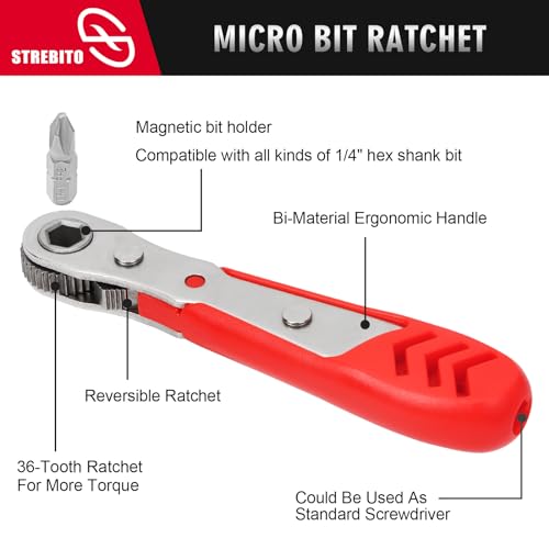 STREBITO Right Angle Screwdriver 14 Piece Mini Ratchet Set, Offset Screwdriver Low Profile Ratchet Screwdriver Set with 1/4 Ratchet, Hex, Phillips, and Torx, EDC Bit Driver for Tight Spaces, Bike - Image 3