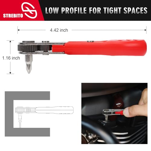 STREBITO Right Angle Screwdriver 14 Piece Mini Ratchet Set, Offset Screwdriver Low Profile Ratchet Screwdriver Set with 1/4 Ratchet, Hex, Phillips, and Torx, EDC Bit Driver for Tight Spaces, Bike - Image 4