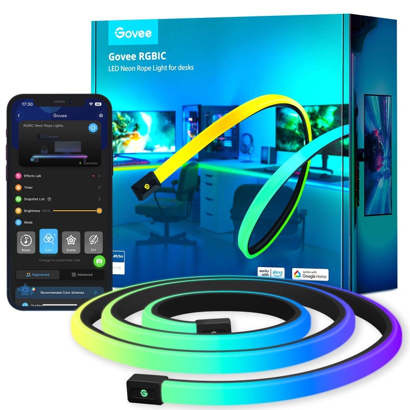 Govee RGBIC Neon Rope Lights for Desks, 16.4ft LED Gaming Desk Lights, Neon LED Strip Lights Syncing with Razer Chroma, Support Cutting, Smart App Control, Music Sync, Adapter (Only 2.4G Wi-Fi) - Image 1