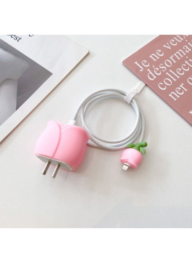 Generic - 2024 Four-piece Charger Protective Cover For Apple 15 Fast Charging Protective Cover 18W/20W Charger-Specifications:104. Pink Rose (set Of Four) Big And Small Heads + 1.4m Wire Rope + Tie - Image 1