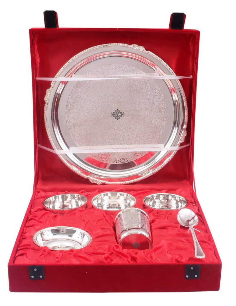 INDIAN ART VILLA Embossed Design Silver Plated 7 Pieces Dinner Set with Gift Box Diwali Gift Set 12 Inch Thali Diameter - Image 4