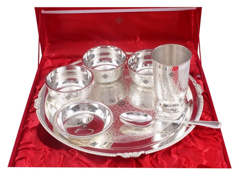INDIAN ART VILLA Embossed Design Silver Plated 7 Pieces Dinner Set with Gift Box Diwali Gift Set 12 Inch Thali Diameter - Image 5