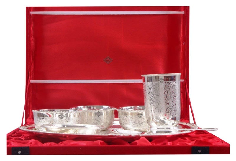 INDIAN ART VILLA Embossed Design Silver Plated 7 Pieces Dinner Set with Gift Box Diwali Gift Set 12 Inch Thali Diameter - Image 3