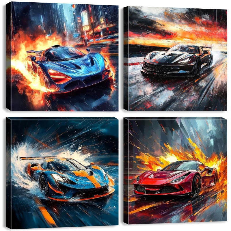 يوهو ملونة Lamborghini Wall Art ملصقات السيارات الرائعة للرجال غرفة نوم ديكور Cyberpunk Canvas الملخص الأسود الأزرق الأزرق السباق السيارات المطبوعات شارع نيون الرياضة الفنية - Image 1