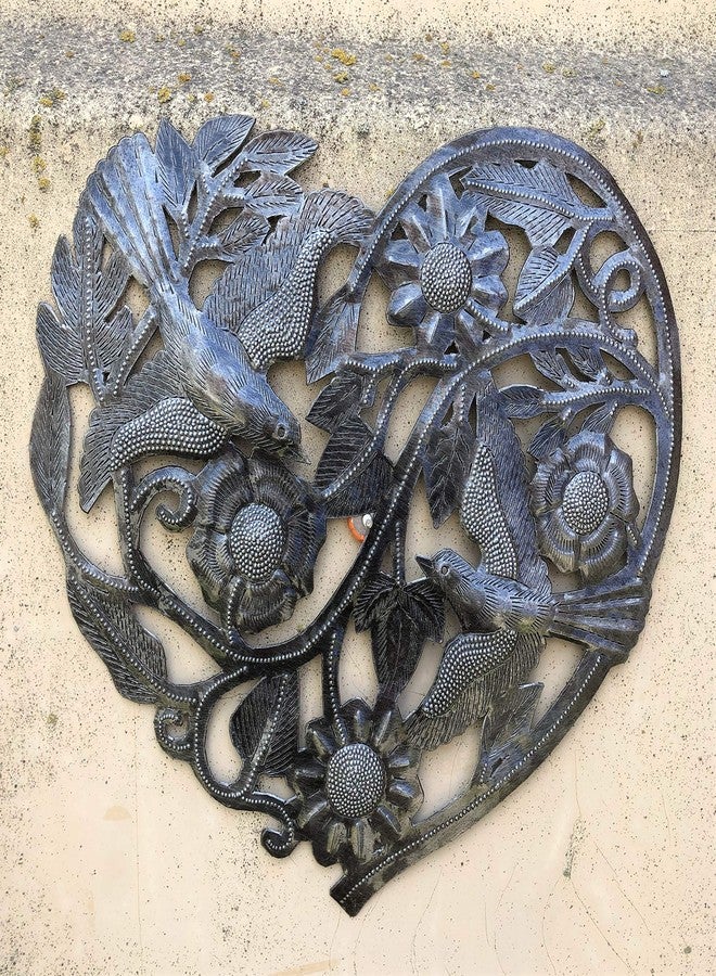 It's Cactus Haitian Metal Heart, Wall Decor With Flowers and Birds, Accent Your Home, Love, Friendship, Unique, Handmade in Haiti, 11 In. x 10 In. (Flying Heart) - Image 2