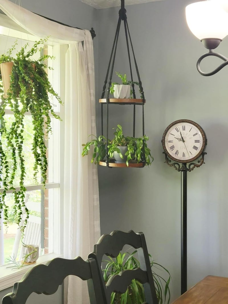 Shineloha 2 Tier Macrame Plant Hanger | Plant Hanger Indoor, Hanging Planter | Hanging Planter Shelf (Black) (Large, 12" Shelf) - Image 3