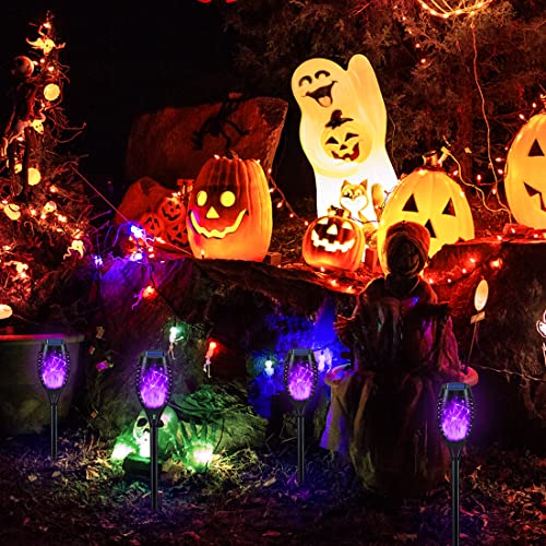 KYEKIO Halloween Decorations Outdoor 12Pack Purple Solar Halloween Lights Solar Torch Lights with Flickering Flame for Garden Decor Waterproof Outdoor Lighting Scary Torches for Yard Lawn Pathway - Image 3