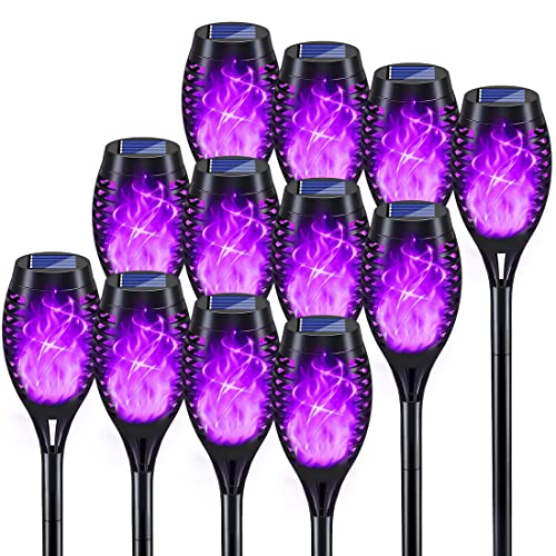 KYEKIO Halloween Decorations Outdoor 12Pack Purple Solar Halloween Lights Solar Torch Lights with Flickering Flame for Garden Decor Waterproof Outdoor Lighting Scary Torches for Yard Lawn Pathway - Image 1