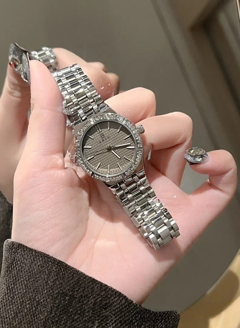 ABIU Women's Silver Crystal Bezel Watch - Polished Metal Strap with Grey Dial | Luxury Glamour Wristwatch - Image 1