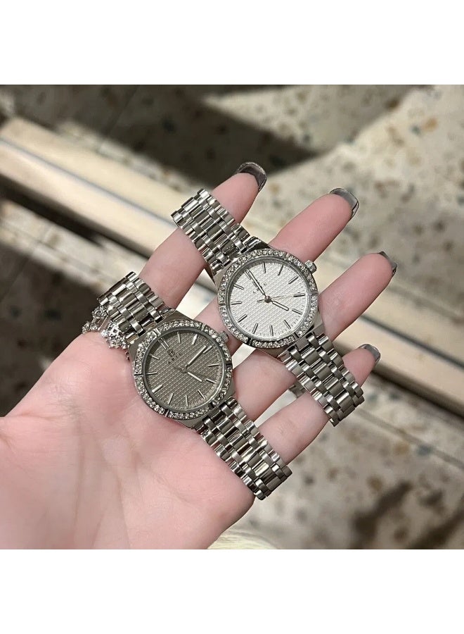 ABIU Women's Silver Crystal Bezel Watch - Polished Metal Strap with Grey Dial | Luxury Glamour Wristwatch - Image 3