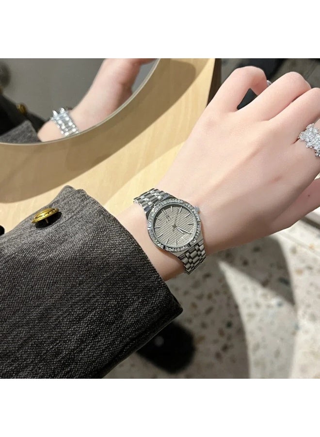 ABIU Women's Silver Crystal Bezel Watch - Polished Metal Strap with Grey Dial | Luxury Glamour Wristwatch - Image 2