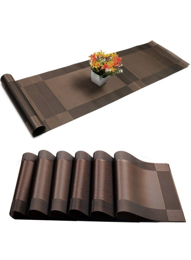 P-Plus International P-Plus International Placemat with Compatible Table Runner, Crossweave Insulation Placemat Washable Table Mats Set (6pcs placemats+Table Runner, Brown), Plastic  - Image 1