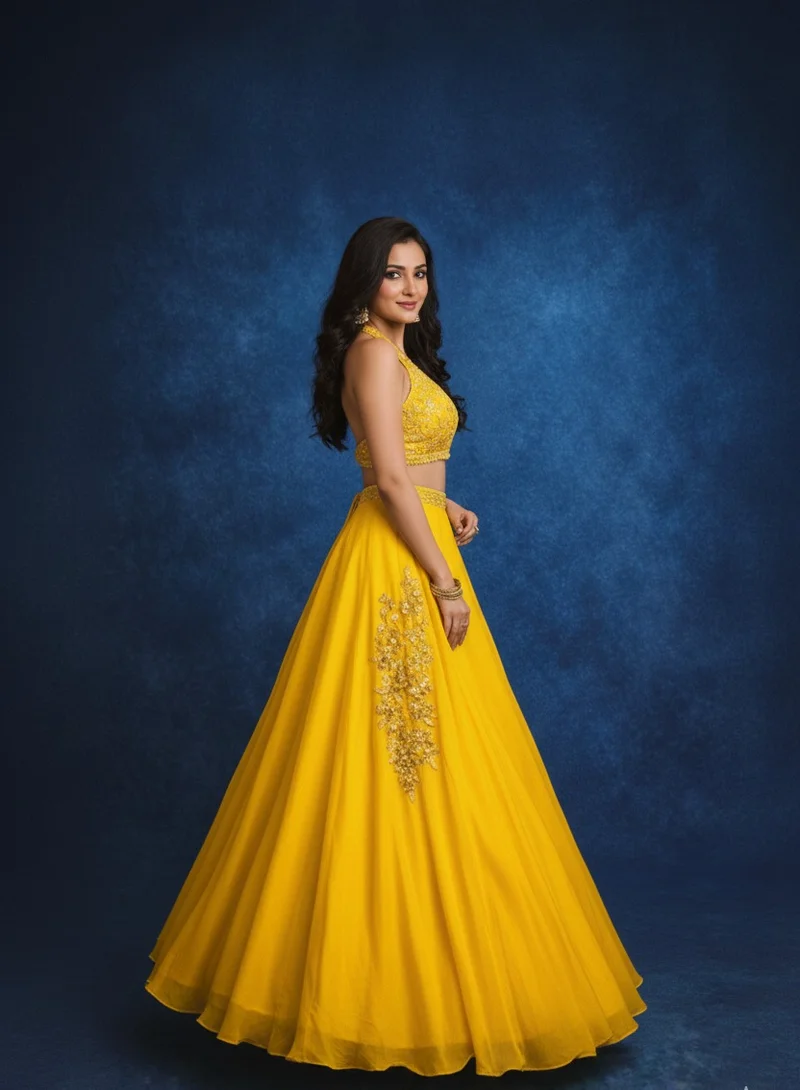 Lehar Mustard Yellow Georgette Lehenga Choli Set with Intricate Gold Embroidery and Floral Appliqué