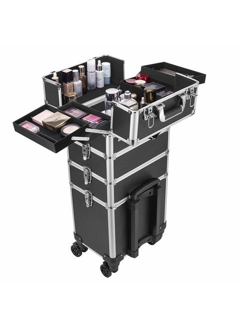 4 in 1 Makeup Rolling Train Case Aluminum Trolley Professional Cosmetic Organizer Box with Shoulder Straps 2 Keys Black(Cosmetic are not included)