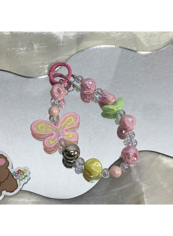 NIBEMINENT Beaded Phone Lanyard, Anti Lost Removable Wrist Strap, Hand Painted Butterfly Bracelet Pendant, Phone Keychain Lanyard - Image 1