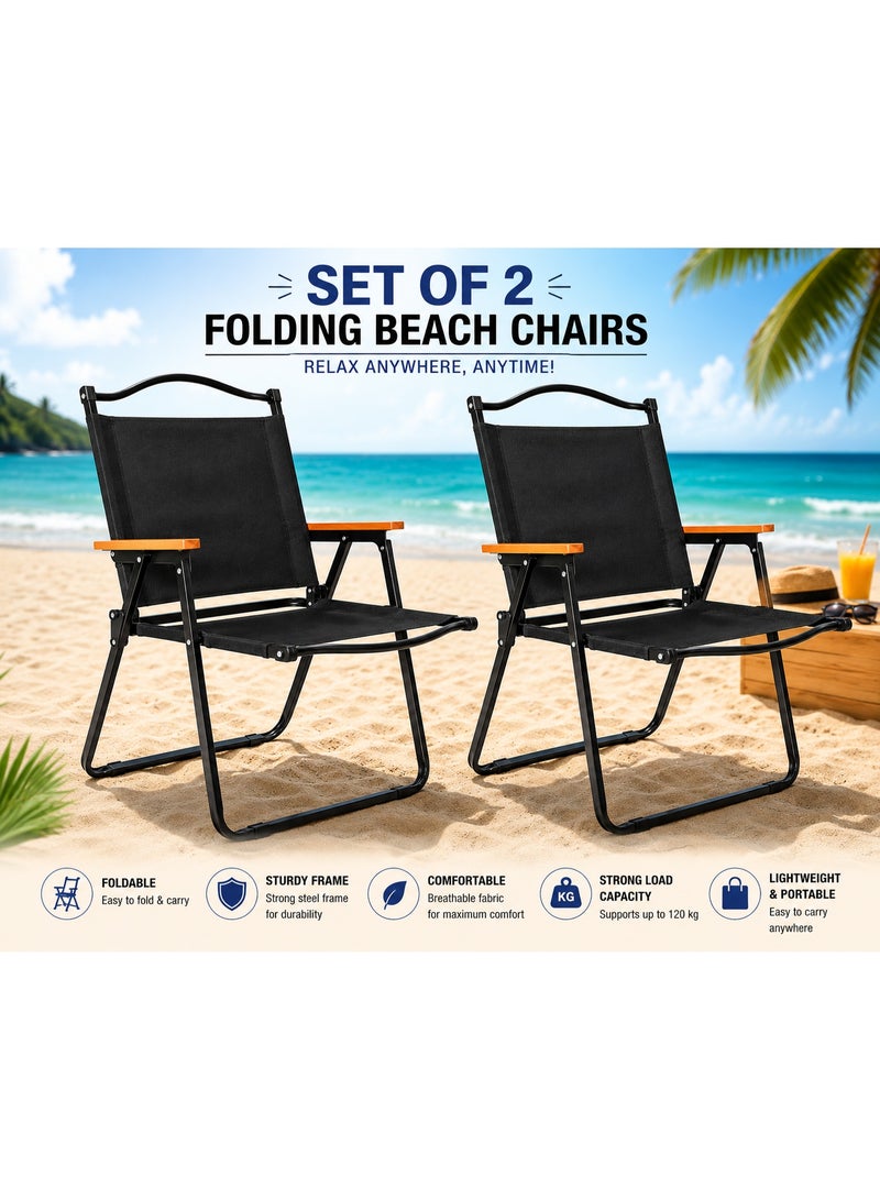 Set of 2 Folding Beach Chairs – Portable Heavy-Duty Camping Chairs with Wooden Armrests & Steel Frame - Image 1