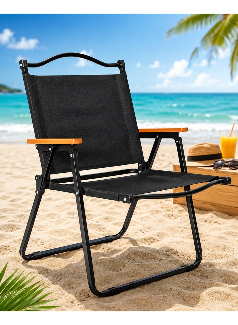 Set of 2 Folding Beach Chairs – Portable Heavy-Duty Camping Chairs with Wooden Armrests & Steel Frame - Image 2