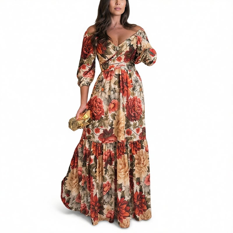 Vintage Print V-Neck Waist Flared Midi Dress