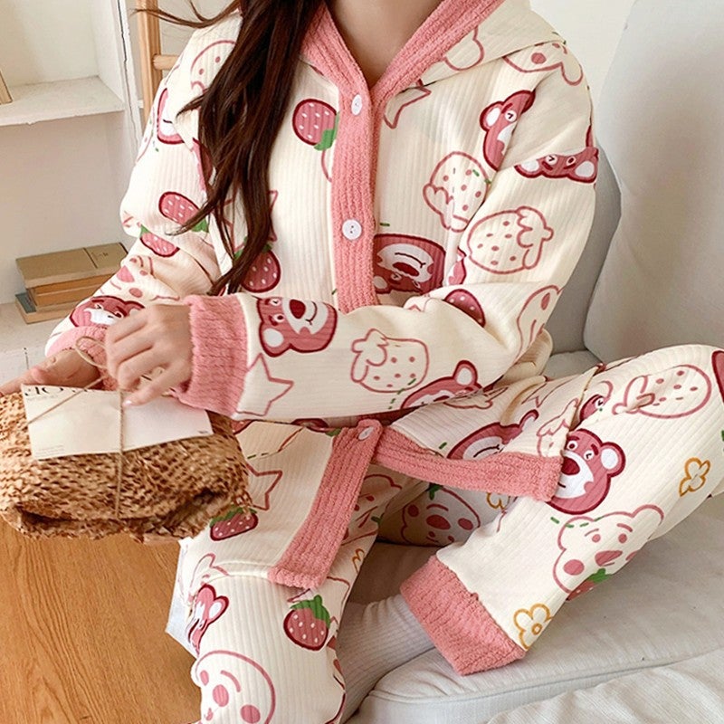 Spring Autumn Maternity Pajamas Set Nursing 865 strawberry cute bear three-piece set