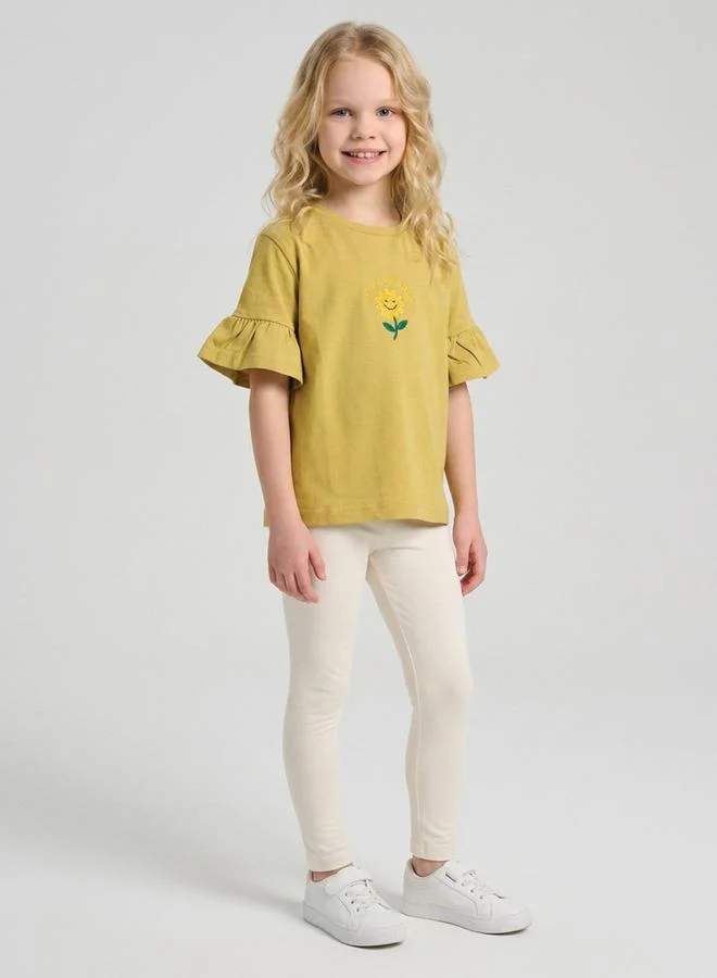 Girls Mustard Sunflower Embroidery Ruffle Sleeves T-Shirt By Juniorloom