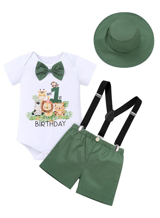 AWIBMK Baby Boy Safari 1st Birthday Outfits Jumgle Theme Cake Smash Photoshoot Outfits Romper Suspender Hat Shorts Set Green 1 9-12 Months - Image 1