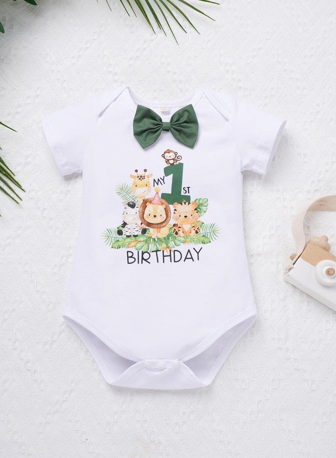 AWIBMK Baby Boy Safari 1st Birthday Outfits Jumgle Theme Cake Smash Photoshoot Outfits Romper Suspender Hat Shorts Set Green 1 9-12 Months - Image 2