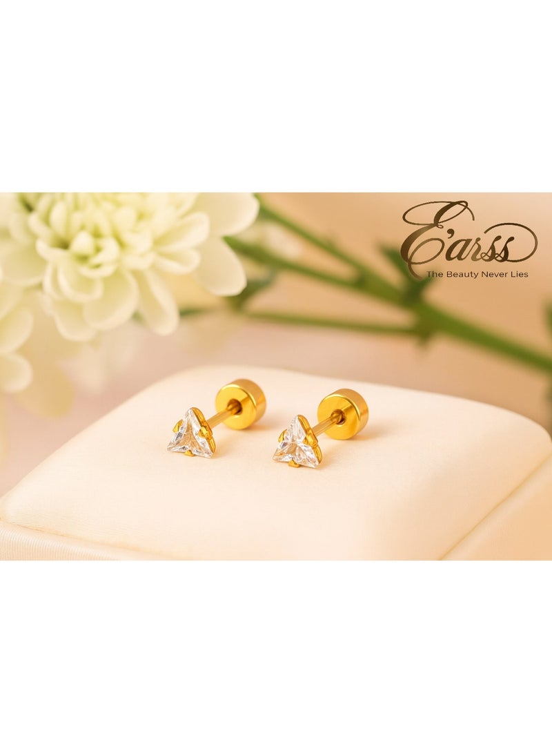 Earss Diamond Triangle Cubic Zirconia Stud Earrings For Kids, Gold Plated - Image 2
