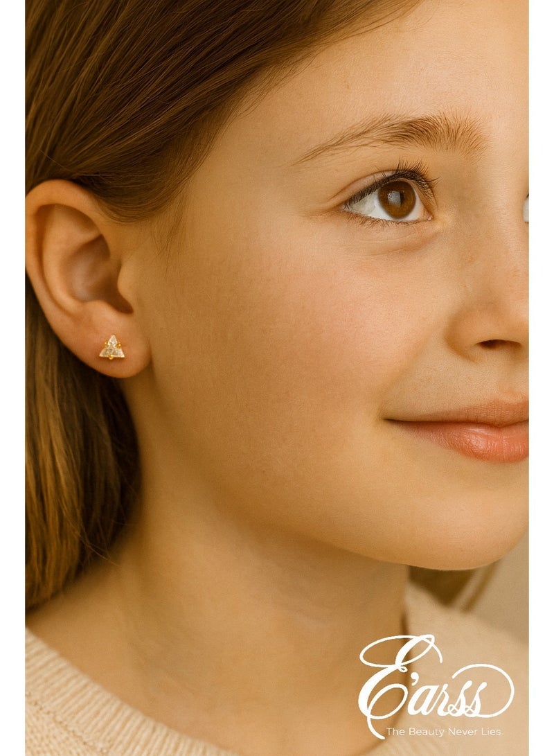 Earss Diamond Triangle Cubic Zirconia Stud Earrings For Kids, Gold Plated - Image 5