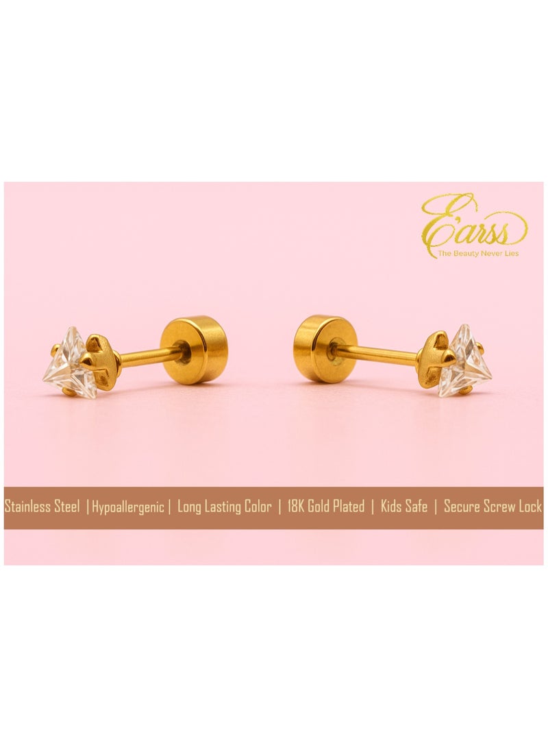 Earss Diamond Triangle Cubic Zirconia Stud Earrings For Kids, Gold Plated - Image 3
