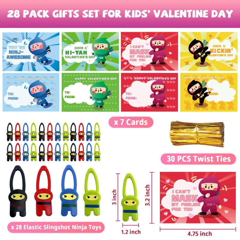 Gocozer Valentines Day Gifts for Kids Classroom, 28 Pack Ninja Valentines Day Cards with Stretchy Flying Elastic Slingshot Ninja Toys, Sticky Hands for Kids Valentines Exchange Gifts School for Boys & Girls - Image 4