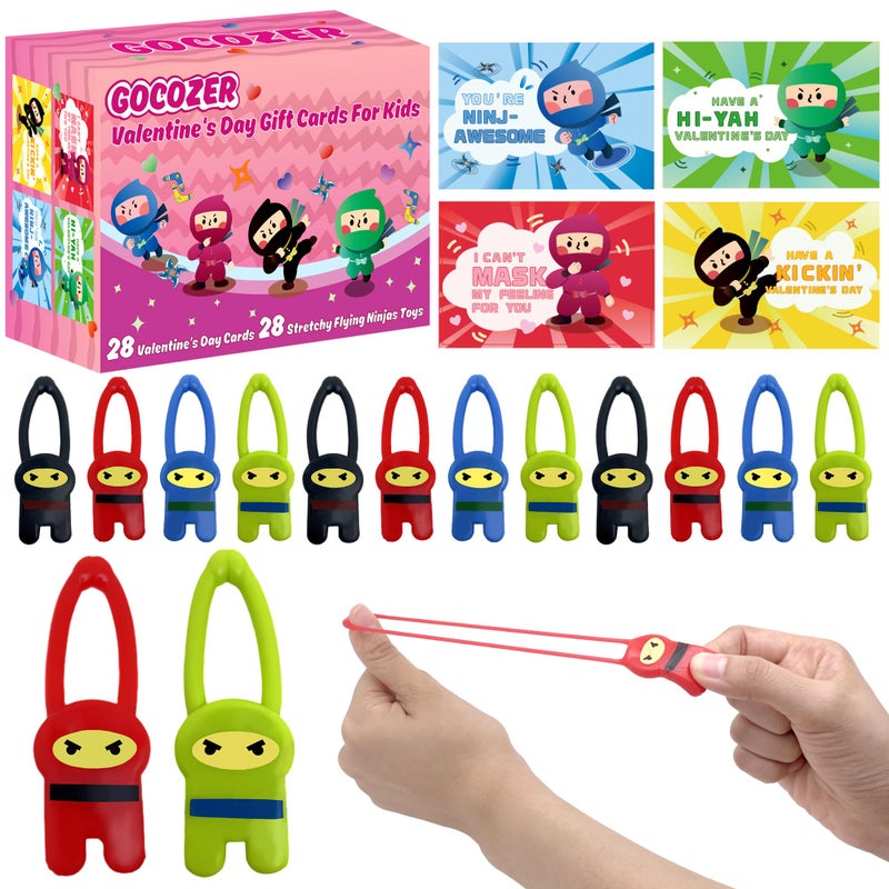 Gocozer Valentines Day Gifts for Kids Classroom, 28 Pack Ninja Valentines Day Cards with Stretchy Flying Elastic Slingshot Ninja Toys, Sticky Hands for Kids Valentines Exchange Gifts School for Boys & Girls - Image 1