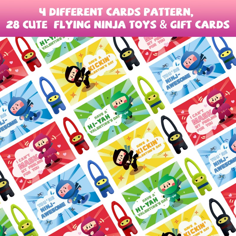 Gocozer Valentines Day Gifts for Kids Classroom, 28 Pack Ninja Valentines Day Cards with Stretchy Flying Elastic Slingshot Ninja Toys, Sticky Hands for Kids Valentines Exchange Gifts School for Boys & Girls - Image 2