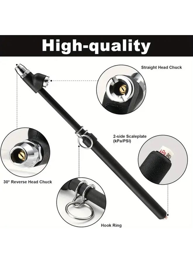 Heavy Duty Tire Pressure Gauge Straight Leg Dual Head Chuck Style1 Black Professional Grade Measuring Tool For Semi Trailers Cars Motorhomes Vans - Image 2