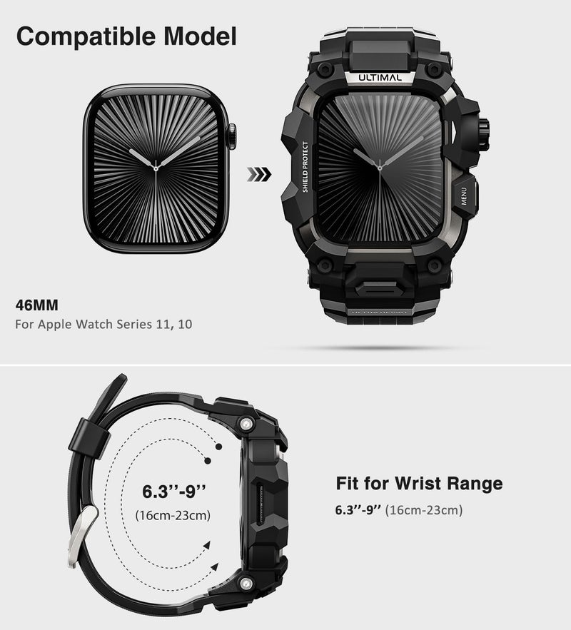 ULTIMAL Rugged Case with Band for Apple Watch 46mm,Compatible with Apple Watch Series 11/10, Military Grade Shockproof Bumper Cover for iWatch Tactical Band Men (Black, 46mm) - Image 2