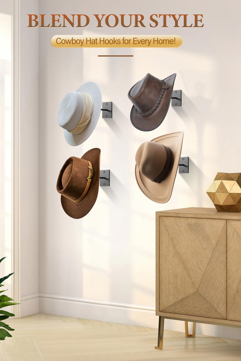 Cinati Cowboy Hat Rack for Wall 6 Pack, Cowboy Hat Holder Wall Mount, Western Rustic Metal Hats Hanger Hooks Organizer for Fedora,Sun Hats,Wide Brim,Western Room Decor - Image 4