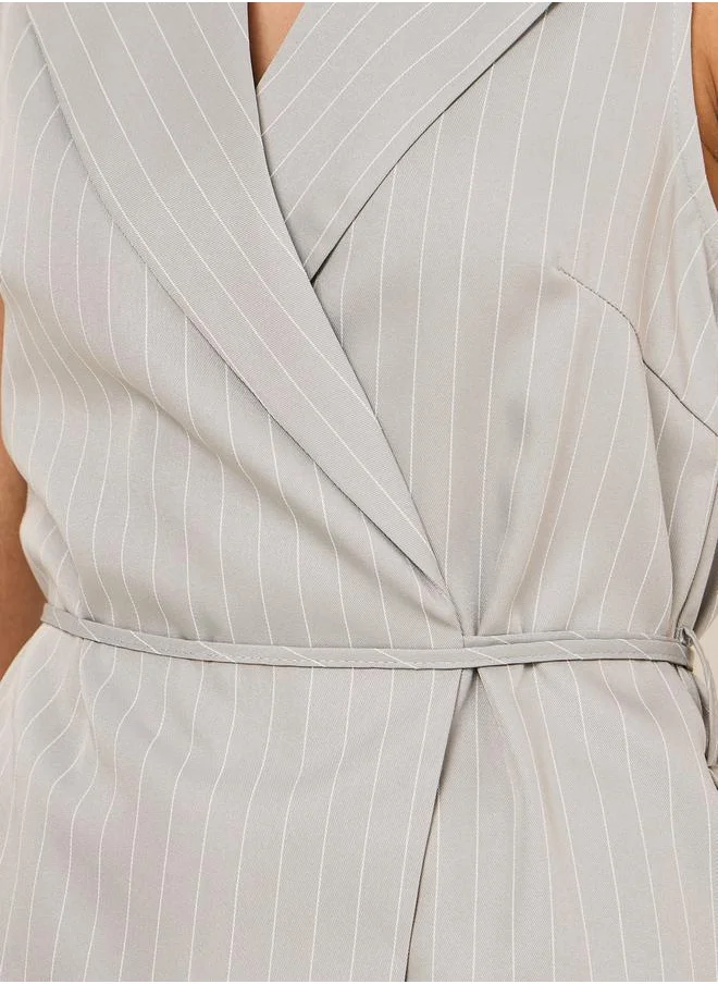 Styli Pinstripe Notch Lapel Collar Wrap Top
