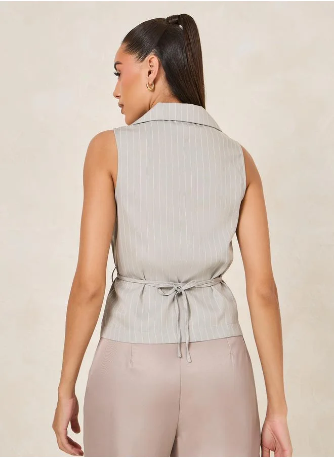 Styli Pinstripe Notch Lapel Collar Wrap Top