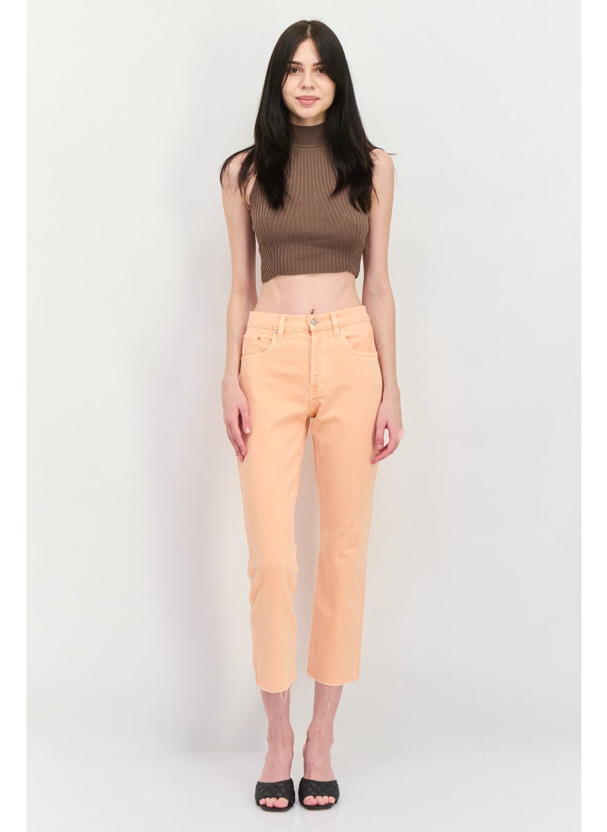 MANGO Women Straight Fit Washed Denim Jeans, Orange  - Image 4