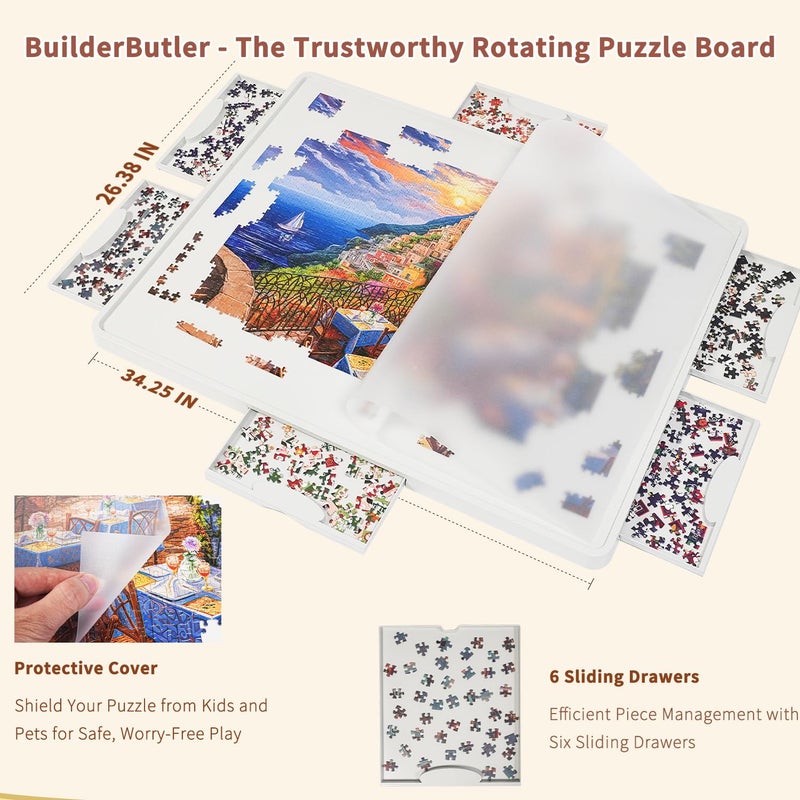 BuilderButler لوحة ألغاز دوارة خفيفة الوزن من بيلدر باتلر تحتوي على 1500 قطعة مع 6 أدراج منزلقة وغطاء - دوران 360° لسيارة لذيذة، طاولة ألغاز بلاستيكية محمولة بحجم 34.25"x26.38"، للأم - Image 2