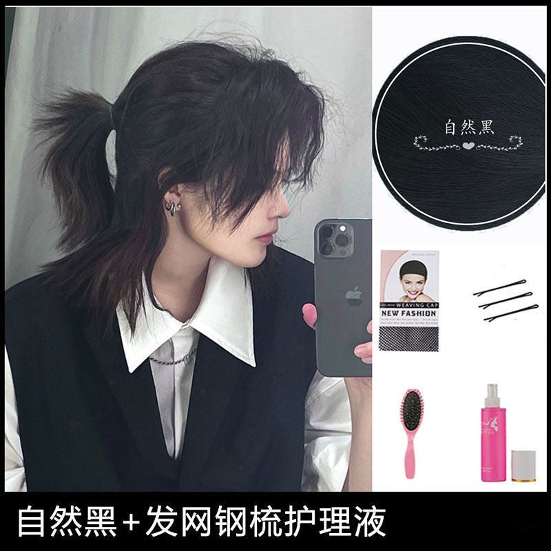 Generic Stylish Samurai Mens Wig Puffy Natural Fashion ShortNatural Black [Tie]-Hair Net Care Solution Large Steel Comb Natural Black [Tie]-Hair Net Care Solution Large Steel Comb